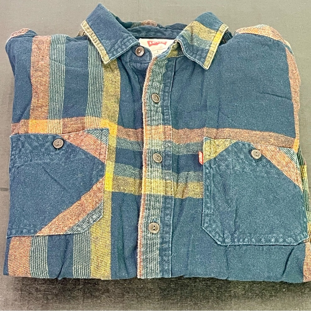 Levi’s Blue, Orange, Yellow Plaid Button-Up Shirt Size Small